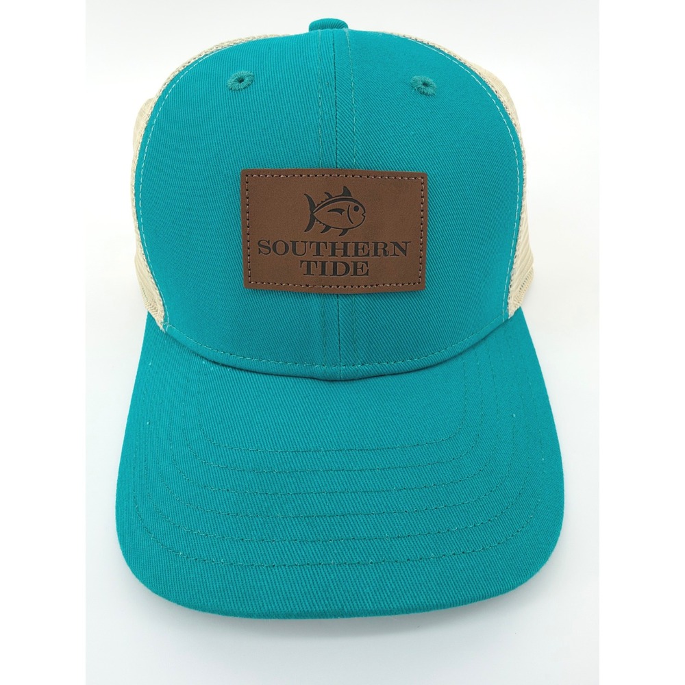 Southern Tide Trucker Hat Teal Tan Mesh Leather Patch Snapback Cap Adjustable